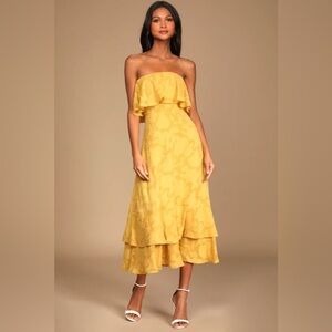 Love You So Truly Yellow Burnout Floral Strapless Midi Dress
